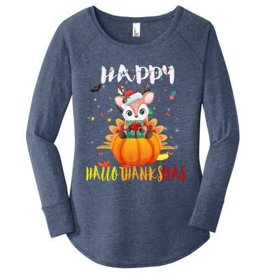 Happy Hallothanksmas Reindeer Halloween Thanksgivin Xmas Gift Women's Perfect Tri Tunic Long Sleeve Shirt