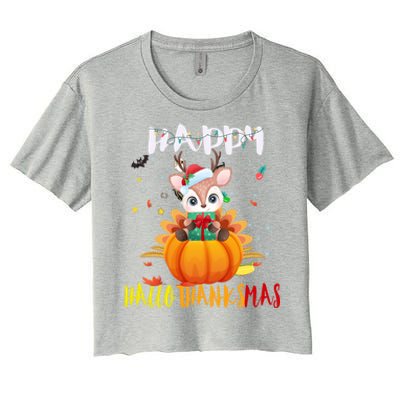 Happy Hallothanksmas Reindeer Halloween Thanksgivin Xmas Gift Women's Crop Top Tee