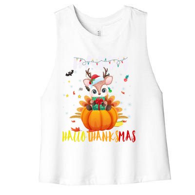 Happy Hallothanksmas Reindeer Halloween Thanksgivin Xmas Gift Women's Racerback Cropped Tank