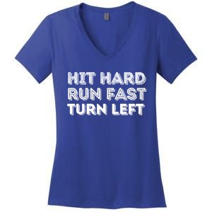 Hit Hard Run Fast Turn Left Gift Baseball Lover And Softball Fan Funny Gift Women's V-Neck T-Shirt