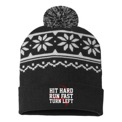 Hit Hard Run Fast Turn Left Funny Baseball USA-Made Snowflake Beanie