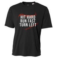 Hit Hard Run Fast Turn Left Funny Baseball Player & Fan Cooling Performance Crew T-Shirt