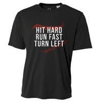 Hit Hard Run Fast Turn Left Funny Baseball Player & Fan Cooling Performance Crew T-Shirt