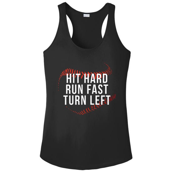 Hit Hard Run Fast Turn Left Funny Baseball Player & Fan Ladies PosiCharge Competitor Racerback Tank