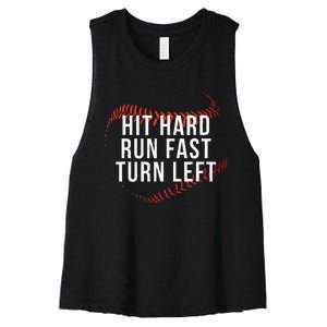 Hit Hard Run Fast Turn Left Funny Baseball Player & Fan Women's Racerback Cropped Tank