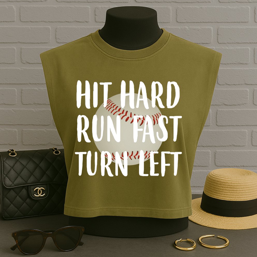 Hit Hard Run Fast Turn Left Baseball Garment-Dyed Women's Muscle Tee
