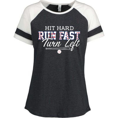 Hit Hard Run Fast Turn Left Baseball Player Softball Funny Gift Enza Ladies Jersey Colorblock Tee