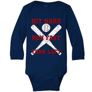 Hit Hard Run Fast Turn Left Baseball Player Gift Baby Long Sleeve Bodysuit