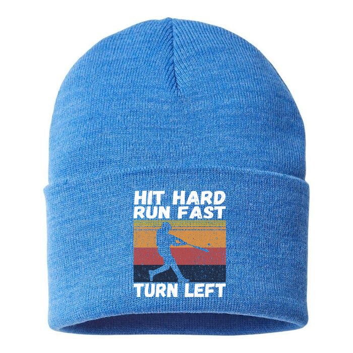 Hit Hard Run Fast Turn Left Funny Vintage Baseball Tee Gift Sustainable Knit Beanie