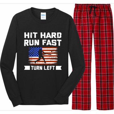 Hit Hard Run Fast Turn Left Baseball Gift Long Sleeve Pajama Set