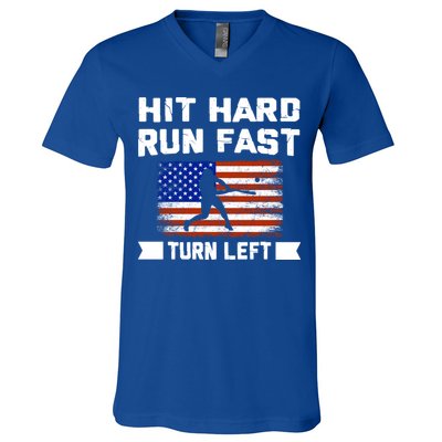 Hit Hard Run Fast Turn Left Baseball Gift V-Neck T-Shirt