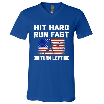 Hit Hard Run Fast Turn Left Baseball Gift V-Neck T-Shirt