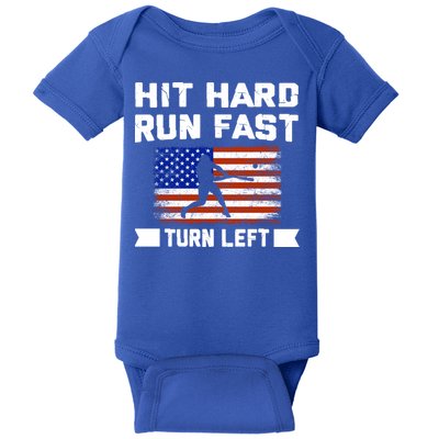 Hit Hard Run Fast Turn Left Baseball Gift Baby Bodysuit
