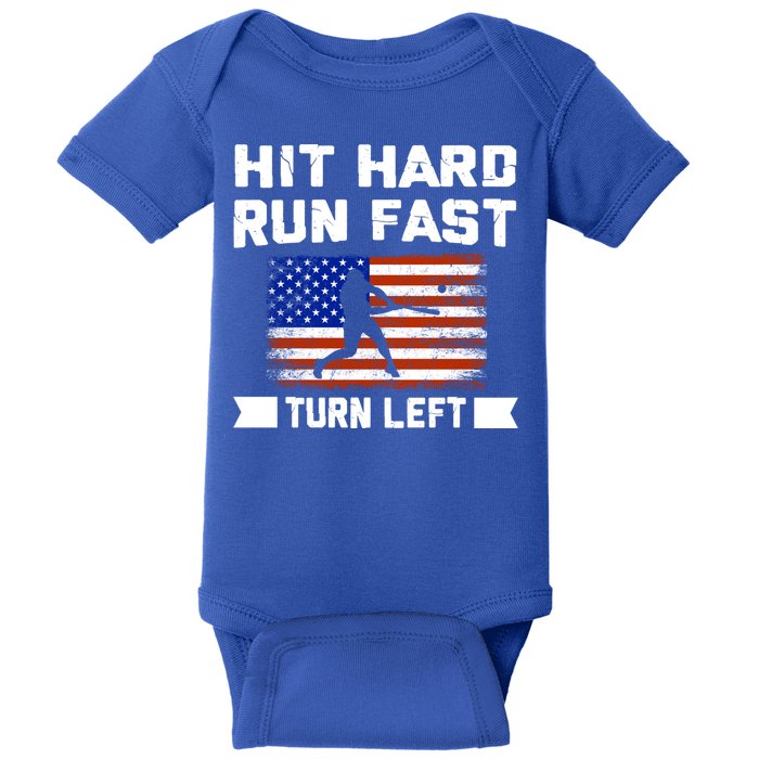 Hit Hard Run Fast Turn Left Baseball Gift Baby Bodysuit