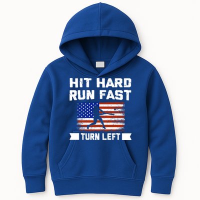 Hit Hard Run Fast Turn Left Baseball Gift Kids Hoodie