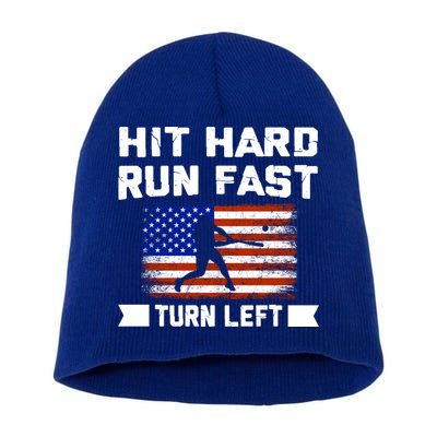 Hit Hard Run Fast Turn Left Baseball Gift Short Acrylic Beanie