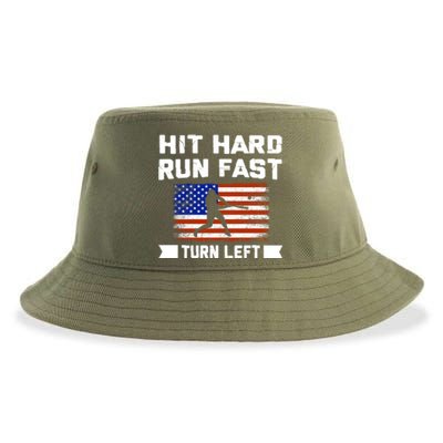 Hit Hard Run Fast Turn Left Baseball Gift Sustainable Bucket Hat