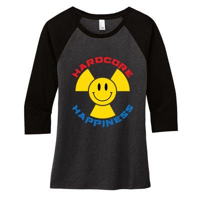 Hardcore Happiness Raver Smiley Face Rave Festival Women's Tri-Blend 3/4-Sleeve Raglan Shirt