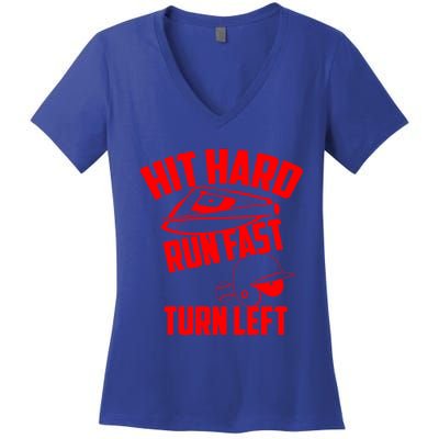 Hit Hard Run Fast Turn Left Baseball Softball Funny Fan Gift Women's V-Neck T-Shirt