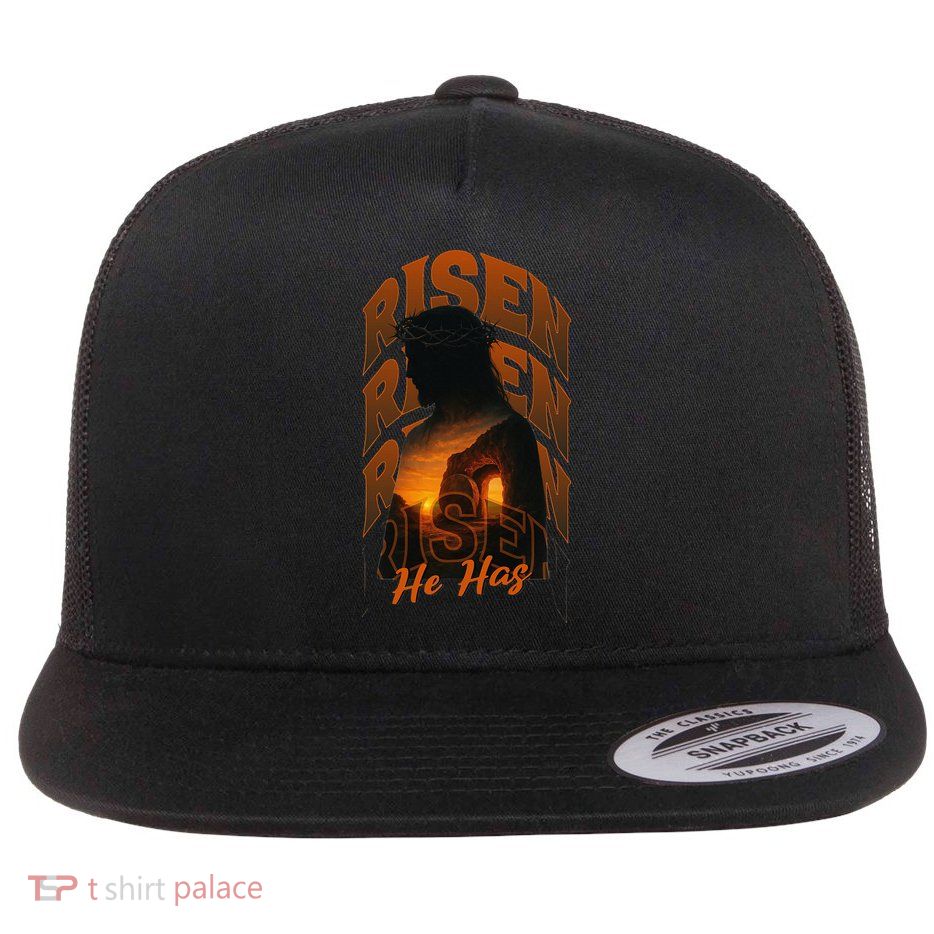 He Has Risen Sunset Christian Hope Religious Sunrise Flat Bill Trucker Hat