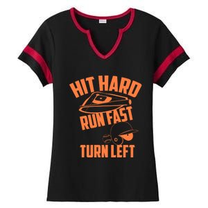 Hit Hard Run Fast Turn Left Baseball Softball Funny Fan Gift Ladies Halftime Notch Neck Tee