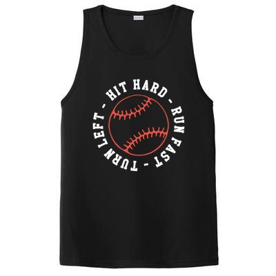 Hit Hard Run Fast Turn Left Baseball Softball Funny Gift PosiCharge Competitor Tank