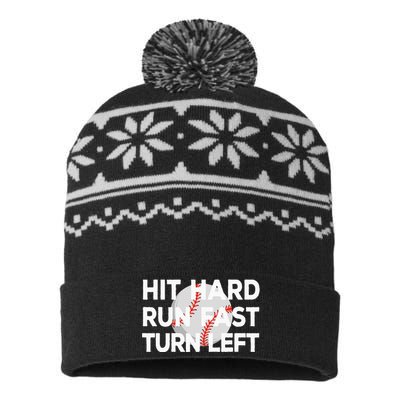 Hit Hard Run Fast Turn Left Baseball USA-Made Snowflake Beanie