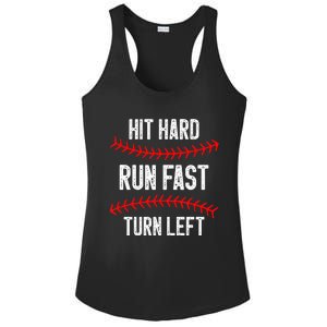 Hit Hard Run Fast Turn Left Funny Baseball Player Ladies PosiCharge Competitor Racerback Tank