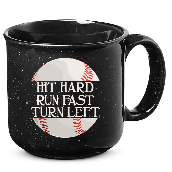 Hit Hard Run Fast Turn Left Funny Baseball 15oz Campfire Ceramic Mug