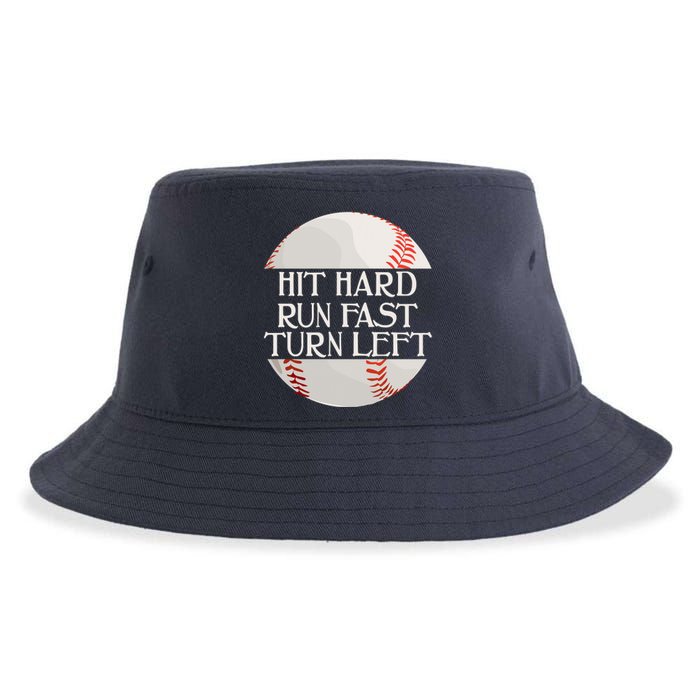 Hit Hard Run Fast Turn Left Funny Baseball Sustainable Bucket Hat