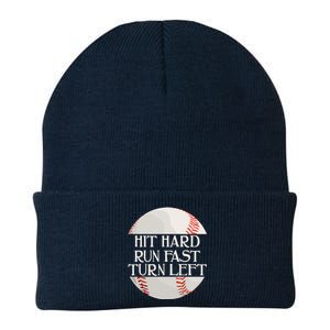 Hit Hard Run Fast Turn Left Funny Baseball Knit Cap Winter Beanie