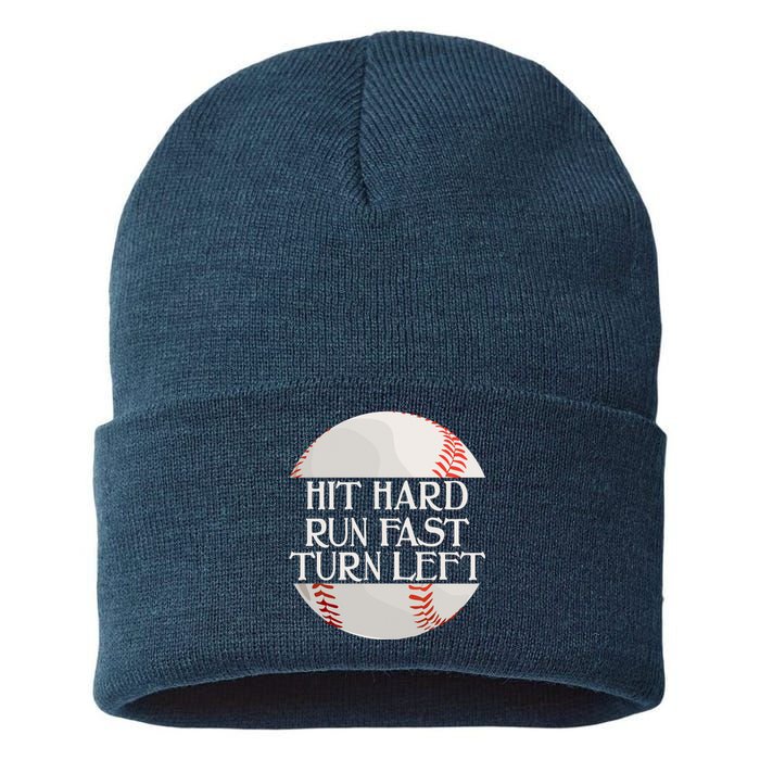 Hit Hard Run Fast Turn Left Funny Baseball Sustainable Knit Beanie