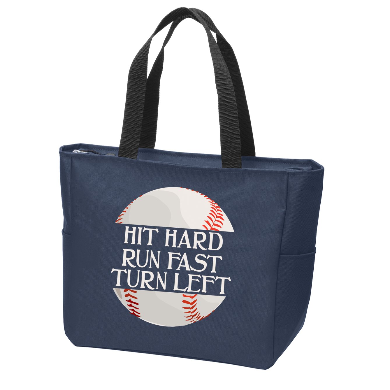 Hit Hard Run Fast Turn Left Funny Baseball Zip Tote Bag
