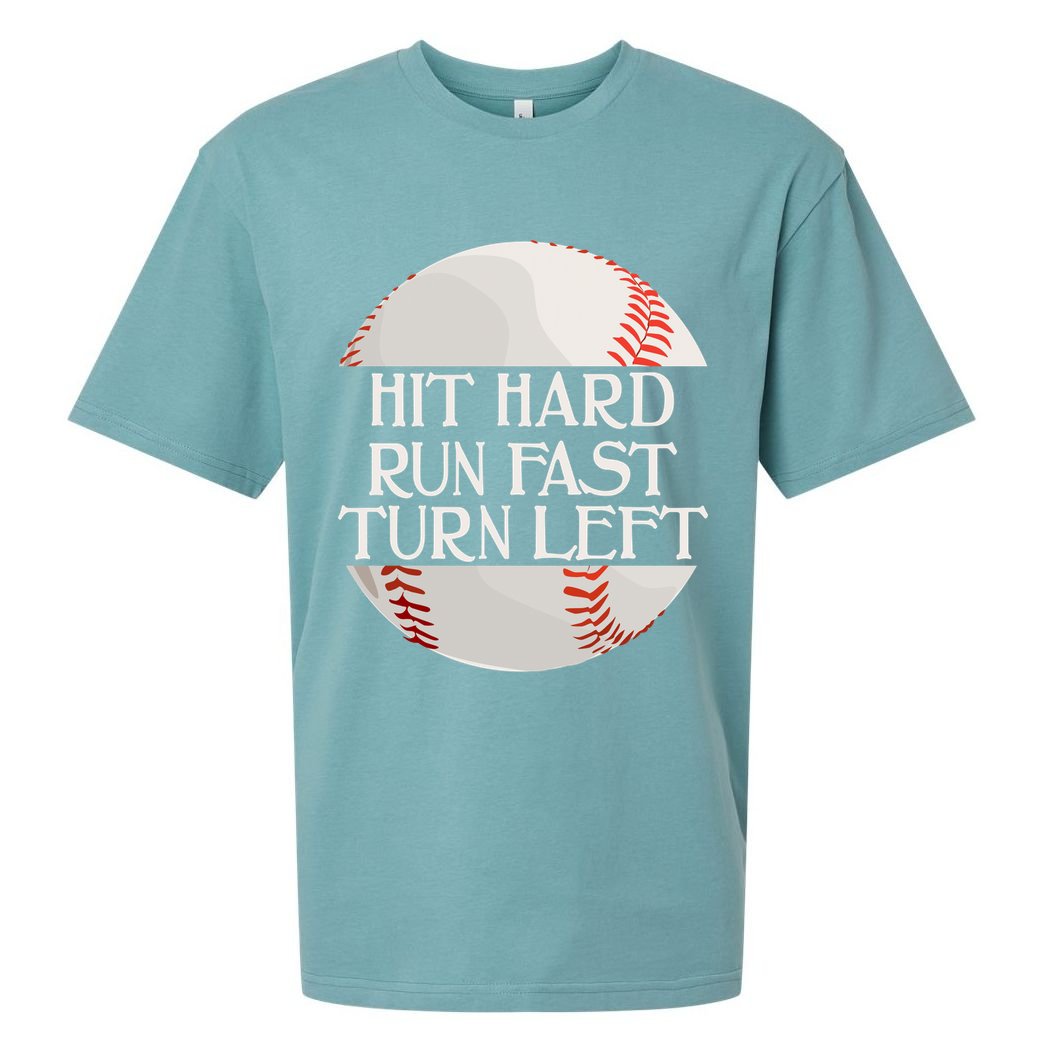 Hit Hard Run Fast Turn Left Funny Baseball Sueded Cloud Jersey T-Shirt