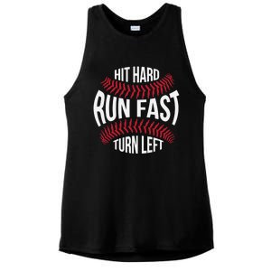 Hit Hard Run Fast Turn Left Baseball Team Coach Funny Gift Ladies PosiCharge Tri-Blend Wicking Tank