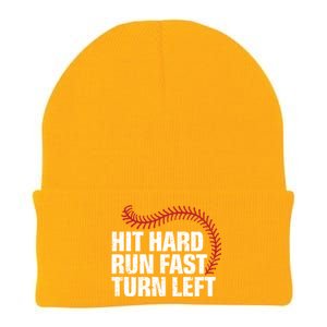 Hit Hard Run Fast Turn Left Funny Baseball Player And Fan Gift Knit Cap Winter Beanie