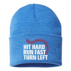 Hit Hard Run Fast Turn Left Funny Baseball Player And Fan Gift Sustainable Knit Beanie