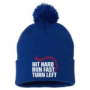 Hit Hard Run Fast Turn Left Funny Baseball Player And Fan Gift Pom Pom 12in Knit Beanie