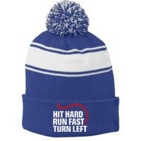 Hit Hard Run Fast Turn Left Funny Baseball Player And Fan Gift Stripe Pom Pom Beanie