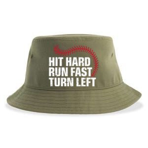 Hit Hard Run Fast Turn Left Funny Baseball Player And Fan Gift Sustainable Bucket Hat