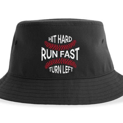 Hit Hard Run Fast Turn Left Funny Baseball Player Sustainable Bucket Hat