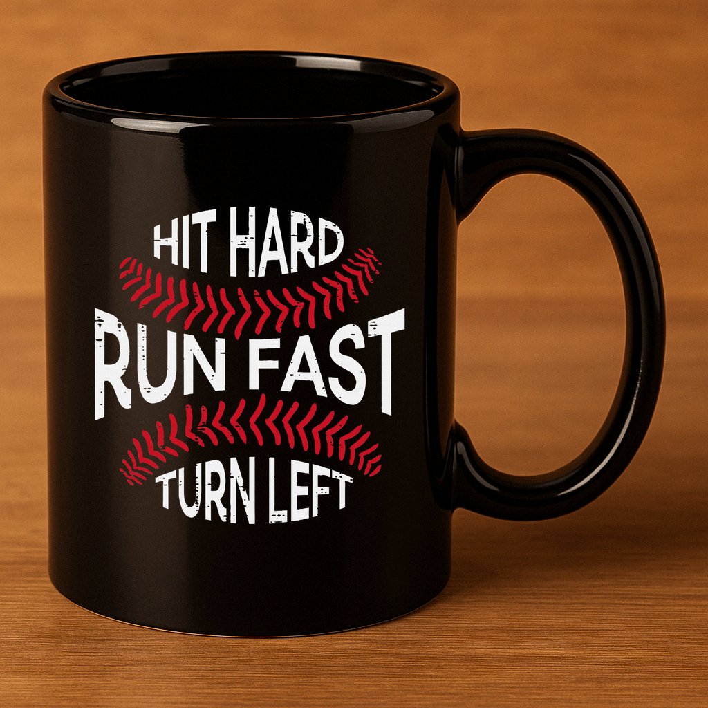 Hit Hard Run Fast Turn Left Funny Baseball Player 11oz C Handle Ceramic Mug