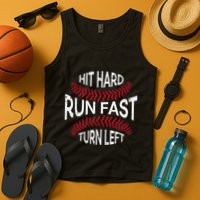 Hit Hard Run Fast Turn Left Funny Baseball Player Tank Top