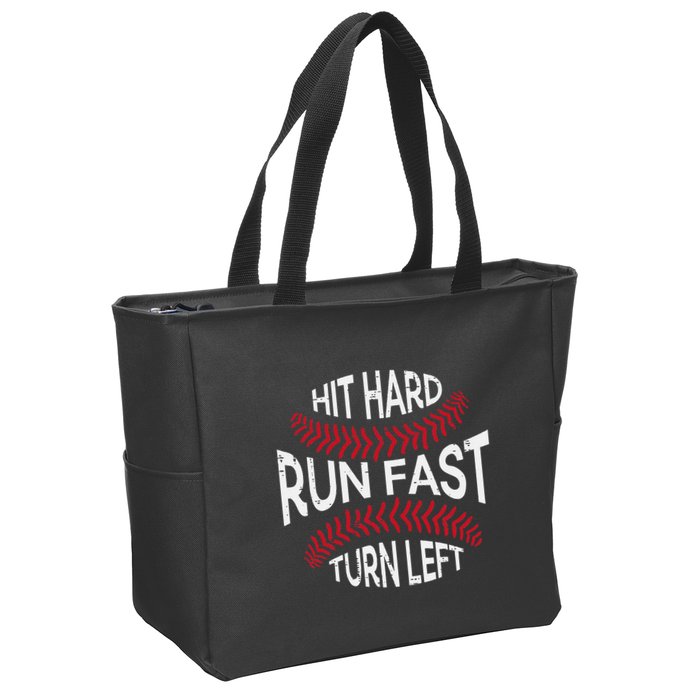 Hit Hard Run Fast Turn Left Funny Baseball Player Zip Tote Bag