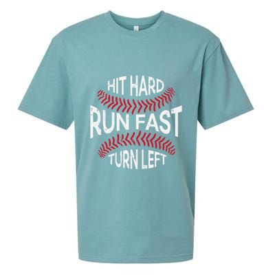 Hit Hard Run Fast Turn Left Funny Baseball Player Sueded Cloud Jersey T-Shirt