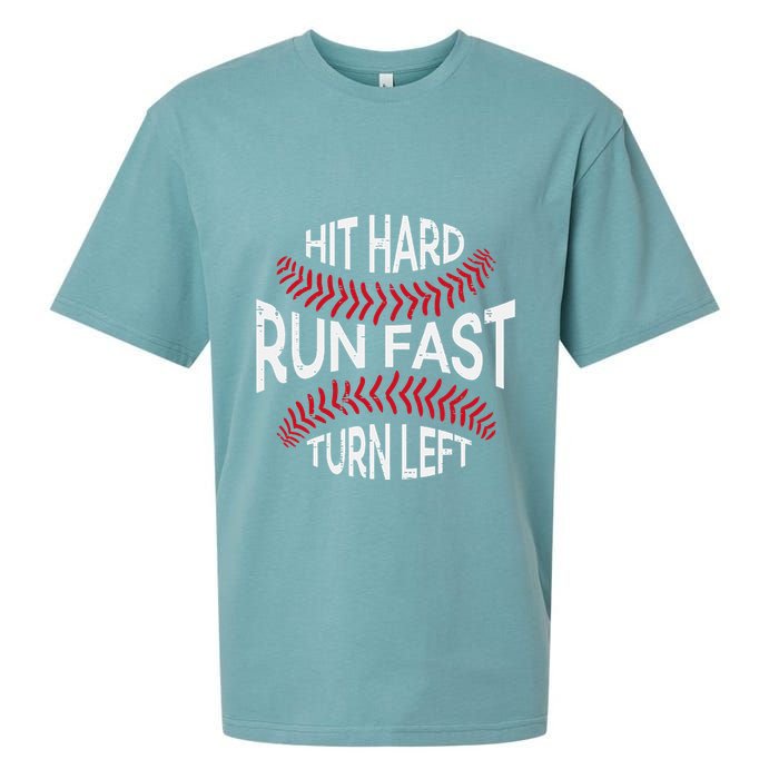 Hit Hard Run Fast Turn Left Funny Baseball Player Sueded Cloud Jersey T-Shirt
