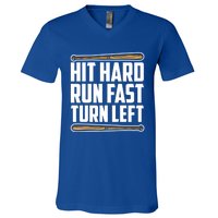 Hit Hard Run Fast Turn Left Gift Funny Baseball Player Gift V-Neck T-Shirt