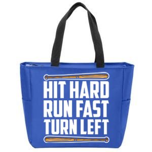 Hit Hard Run Fast Turn Left Gift Funny Baseball Player Gift Zip Tote Bag