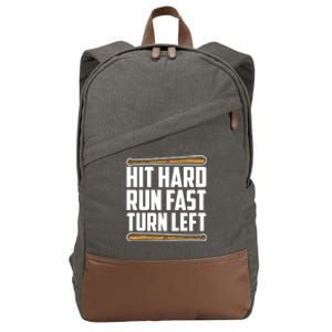 Hit Hard Run Fast Turn Left Gift Funny Baseball Player Gift Cotton Canvas Backpack