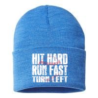 Hit Hard Run Fast Turn Left Funny Baseball Player Gift Funny Gift Sustainable Knit Beanie